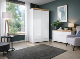 Double Wardrobe with Drawer 2 Door Cabinet Hanging Rail Storage White Gloss Oak Scandi - Holten - thumbnail 2
