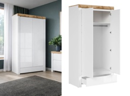 Double Wardrobe with Drawer 2 Door Cabinet Hanging Rail Storage White Gloss Oak Scandi - Holten