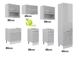 Kitchen Cabinets 7 Unit Set with Slim 400mm Larder Cupboard DIY 260cm Kitchen Light Grey Gloss - Star - thumbnail 2