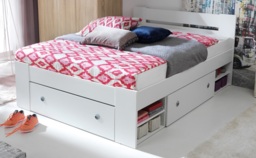 White Double Bed Frame with Storage Underbed Drawers Side Shelves 140cm Euro Solid Wood Slats - Nepo - thumbnail 2