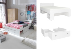 White Double Bed Frame with Storage Underbed Drawers Side Shelves 140cm Euro Solid Wood Slats - Nepo - thumbnail 3