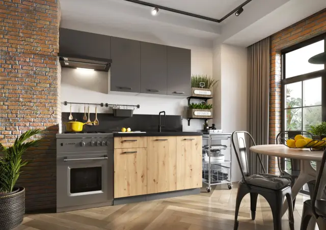 Complete DIY Kitchen Cabinets Set 5 Units Oak and Dark Grey Flat Pack Freestanding 180cm Budget Kitchenette - Clara - image 1