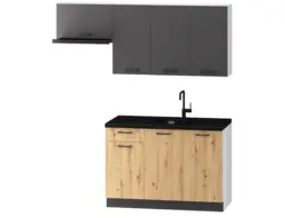 Complete DIY Kitchen Cabinets Set 5 Units Oak and Dark Grey Flat Pack Freestanding 180cm Budget Kitchenette - Clara - thumbnail 4