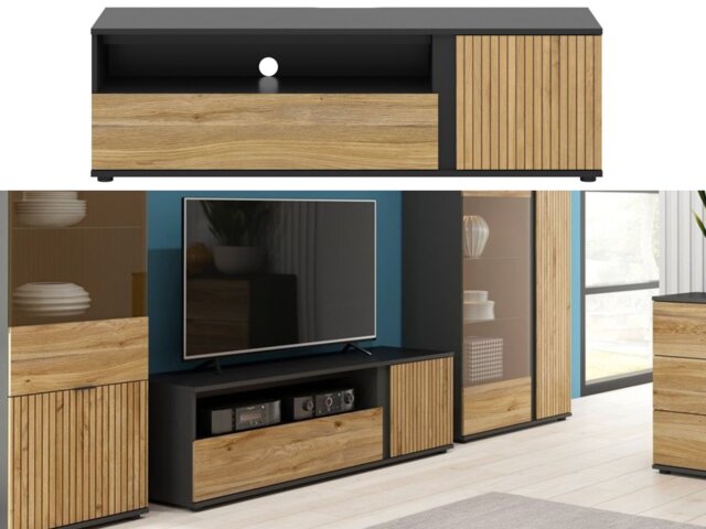 TV Stand Cabinet Modern 155cm Long Living Room TV Unit with Storage Soft Clo Black Matt Oak Effect Slats – Luen - image 1