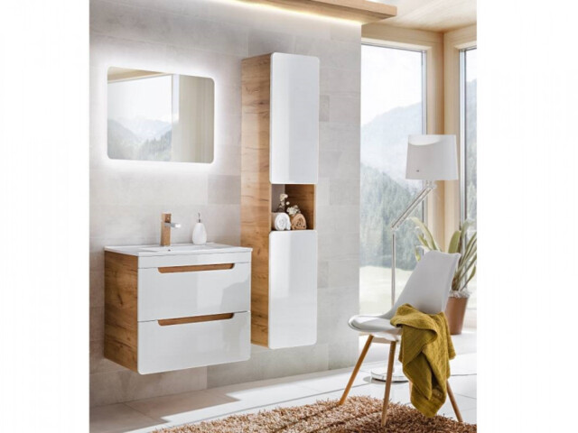Wall Hung Bathroom Cabinets Vanity Unit 600mm Ceramic Sink and Tall Wall Storage Oak White Gloss Modern - Aruba - image 1