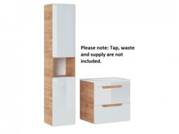 Wall Hung Bathroom Cabinets Vanity Unit 600mm Ceramic Sink and Tall Wall Storage Oak White Gloss Modern - Aruba - thumbnail 4
