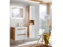 Wall Hung Bathroom Cabinets Vanity Unit 600mm Ceramic Sink and Tall Wall Storage Oak White Gloss Modern - Aruba