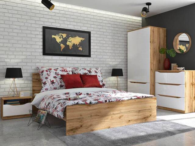 King Size Bed Frame Hight Headboard Euro 160cm Wooden Slats Modern Wotan Oak Effect - Zele - image 1