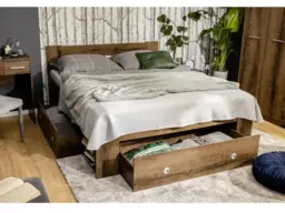 Double Bed Frame with Storage Shelves Underbed Drawers 140cm Solid Wood Slats Dark Oak Effect - Nepo - thumbnail 1