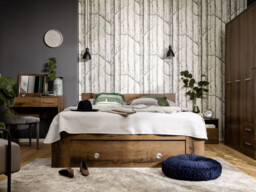 Double Bed Frame with Storage Shelves Underbed Drawers 140cm Solid Wood Slats Dark Oak Effect - Nepo - thumbnail 2