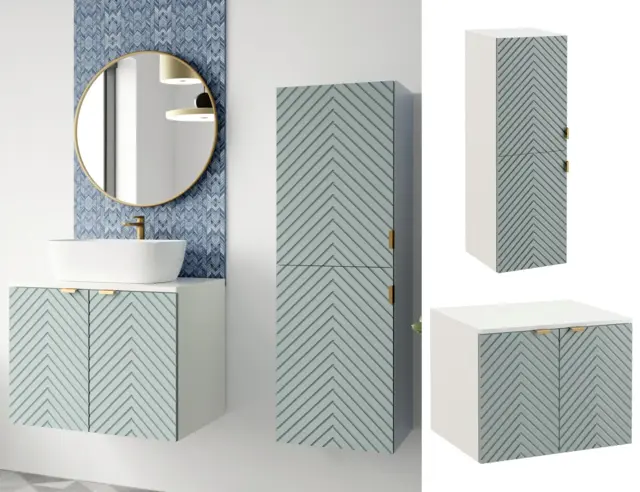 Wall Bathroom Set 600mm Vanity Cabinet Tall Storage Unit Ribbed Fluted Soft Green Doors with White Worktop - Cara - image 1