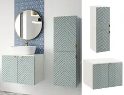 Wall Bathroom Set 600mm Vanity Cabinet Tall Storage Unit Ribbed Fluted Soft Green Doors with White Worktop - Cara