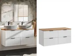 Bathroom Double Vanity Unit 4 Drawers Floating Wall Cabinet 120cm Oak Countertop with Ribbed White Fronts - Adel