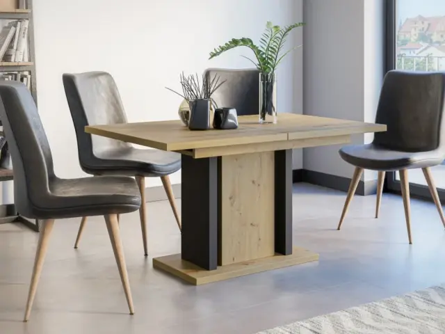 Dining Table 8 Seater Rectangular Extendable 140 to 180cm Oak Effect Top Black Pillar Pedestal Leg – Wren Pro