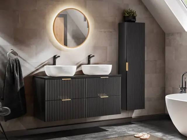 Bathroom Furniture Set Black Drawer Cabinets 1200mm Countertop Sink Basin Tall Wall Unit - Adel - image 1