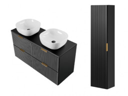 Bathroom Furniture Set Black Drawer Cabinets 1200mm Countertop Sink Basin Tall Wall Unit - Adel - thumbnail 4