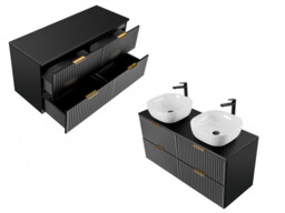 Bathroom Furniture Set Black Drawer Cabinets 1200mm Countertop Sink Basin Tall Wall Unit - Adel - thumbnail 3
