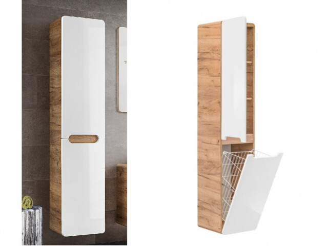 Pull Out Laundry Hamper Tall Bathroom Cabinet Wall Storage Unit with Tilt Basket Modern White Gloss and Oak - Aruba - image 1