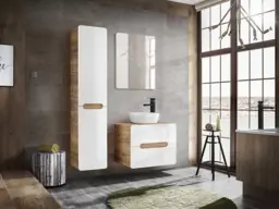 Pull Out Laundry Hamper Tall Bathroom Cabinet Wall Storage Unit with Tilt Basket Modern White Gloss and Oak - Aruba - thumbnail 2