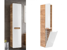 Pull Out Laundry Hamper Tall Bathroom Cabinet Wall Storage Unit with Tilt Basket Modern White Gloss and Oak - Aruba - thumbnail 1