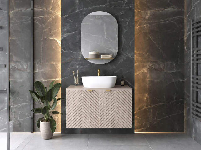 800mm Vanity Unit with Basin Countertop Bathroom Cabinet Wall Hung Fluted Cashmere Beige - Cara - image 1