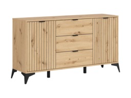 Sideboard Storage Cabinet Modern 150cm Dresser 3 Drawers Unit Slatted Oak Effect with Black Legs – Lamea - thumbnail 4