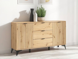 Sideboard Storage Cabinet Modern 150cm Dresser 3 Drawers Unit Slatted Oak Effect with Black Legs – Lamea - thumbnail 1