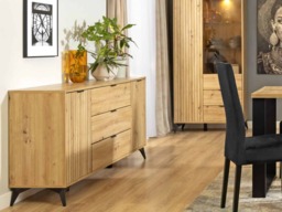 Sideboard Storage Cabinet Modern 150cm Dresser 3 Drawers Unit Slatted Oak Effect with Black Legs – Lamea - thumbnail 2