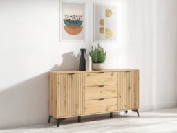 Sideboard Storage Cabinet Modern 150cm Dresser 3 Drawers Unit Slatted Oak Effect with Black Legs – Lamea - thumbnail 1