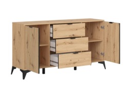 Sideboard Storage Cabinet Modern 150cm Dresser 3 Drawers Unit Slatted Oak Effect with Black Legs – Lamea - thumbnail 3