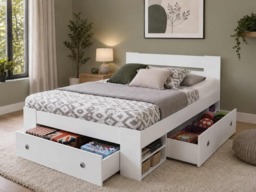 King Size Bed Frame with Storage Drawers Shelving White Modern Euro 160cm Solid Wood Slats - Nepo - thumbnail 1