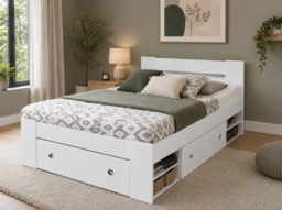King Size Bed Frame with Storage Drawers Shelving White Modern Euro 160cm Solid Wood Slats - Nepo - thumbnail 2