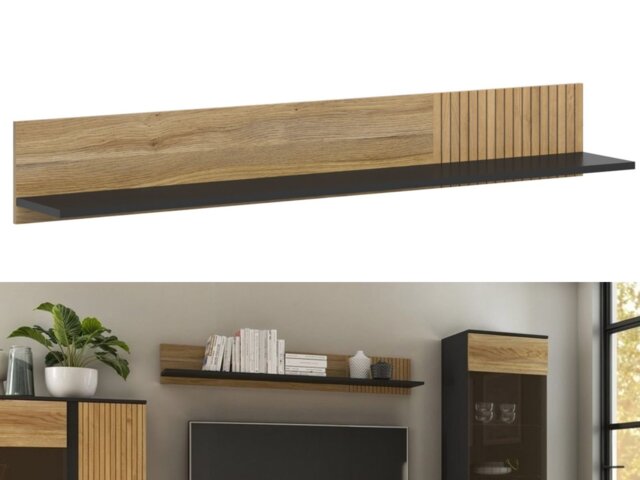 Floating Wall Shelf Modern Long Wall Mounted Shelving Hallway Living Room Black Matt Printed Slat Oak Effect – Luen - image 1