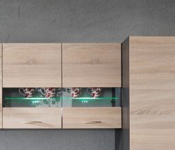 800mm Kitchen Wall Cabinet Glass Display Unit with Glass Shelf LED Lights 80cm Dark Wood Wenge / Oak Effect - Junona - thumbnail 2
