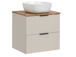 Countertop Vanity Unit with Sink Basin Bathroom Beige Wall Cabinet with Fluted Drawer 600mm Oak Worktop - Adel - thumbnail 4