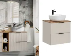 Countertop Vanity Unit with Sink Basin Bathroom Beige Wall Cabinet with Fluted Drawer 600mm Oak Worktop - Adel
