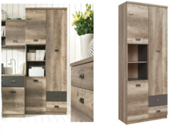 Urban Tall Wide Cabinet 3 Door 2 Drawer Storage Unit Bookcase 80cm Oak Effect and Grey Finish - Malcolm - thumbnail 2