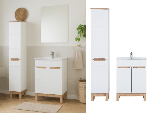 White Bathroom Cabinets Sink Basin 600mm Vanity Unit Inset Sink Tall Laundry Unit White Gloss Oak Effect - Bali - image 1