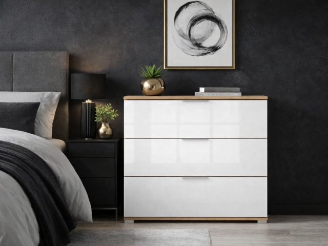 Chest of Drawers for Bedroom White Gloss and Oak Modern Storage Unit 95cm Dresser - Zele - image 1