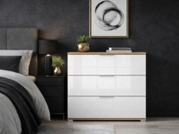 Chest of Drawers for Bedroom White Gloss and Oak Modern Storage Unit 95cm Dresser - Zele