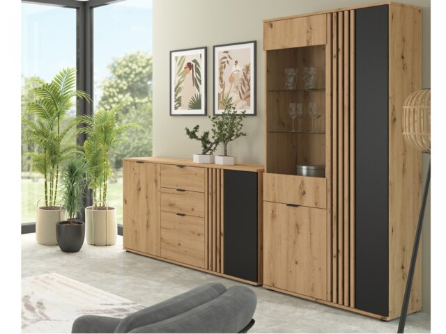 Living Room Furniture Set Sideboard Cabinet Tall Glass Display Cabinet Slatted Black and Oak with Slats – Vabres - image 1