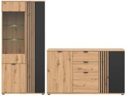 Living Room Furniture Set Sideboard Cabinet Tall Glass Display Cabinet Slatted Black and Oak with Slats – Vabres - thumbnail 2