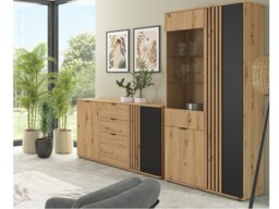 Living Room Furniture Set Sideboard Cabinet Tall Glass Display Cabinet Slatted Black and Oak with Slats – Vabres - thumbnail 1