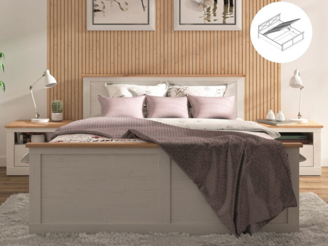 King Size Ottoman Bedroom Furniture Set: Lift Up Bed & 2x Bedside Cabinets White Pine/Oak Effect - Frija - image 1