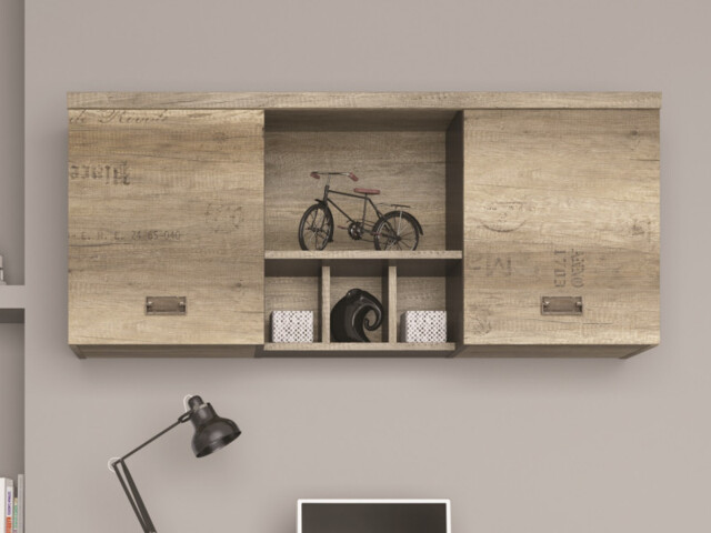 Urban Wide Wall Mounted Unit Living Room 2 Door Cabinet with Shelves 120cm Oak Effect and Grey Finish - Malcolm