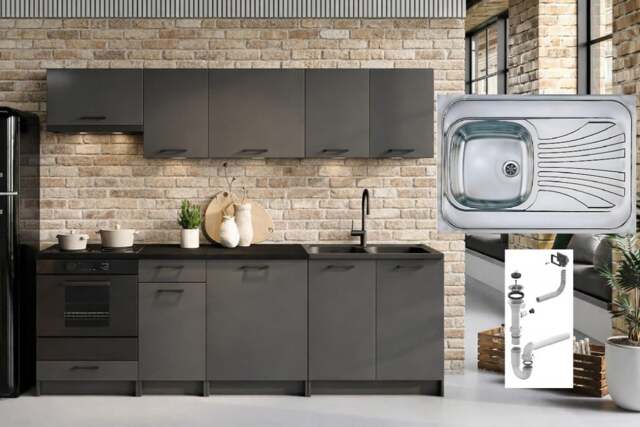 Kitchen Cabinets 8 Unit Fitted Kitchenette with Sink Dark Grey Cupboards Black Worktop Complete 240cm Set - Lina - image 1