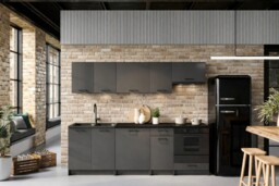 Kitchen Cabinets 8 Unit Fitted Kitchenette with Sink Dark Grey Cupboards Black Worktop Complete 240cm Set - Lina - thumbnail 2