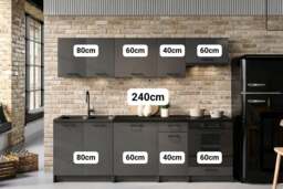 Kitchen Cabinets 8 Unit Fitted Kitchenette with Sink Dark Grey Cupboards Black Worktop Complete 240cm Set - Lina - thumbnail 4