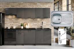 Kitchen Cabinets 8 Unit Fitted Kitchenette with Sink Dark Grey Cupboards Black Worktop Complete 240cm Set - Lina - thumbnail 1