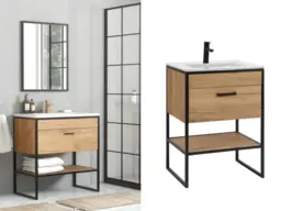 Freestanding Vanity Unit 600mm Bathroom Sink Cabinet Ceramic Basin Black Metal Frame/Oak Loft Industrial Style - Brooklyn